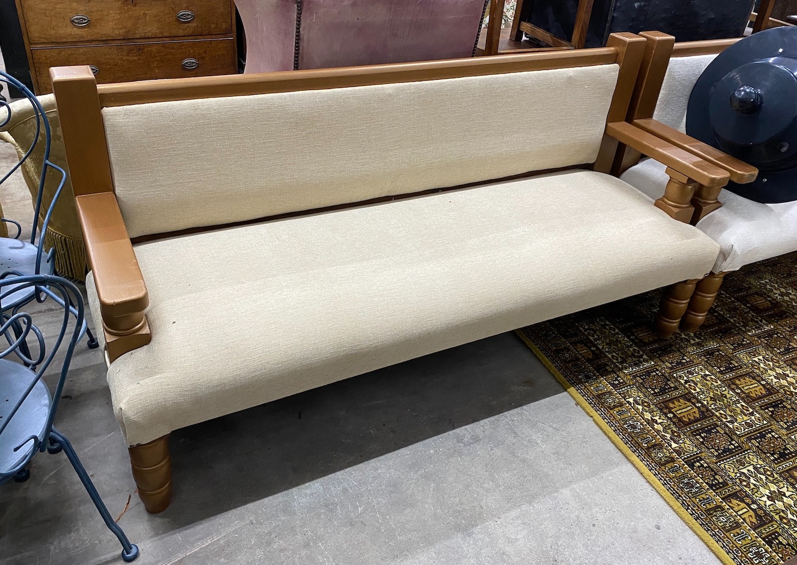 A pair of painted upholstered bench seats, new upholstery, length 186cm, depth 62cm, height 94cm